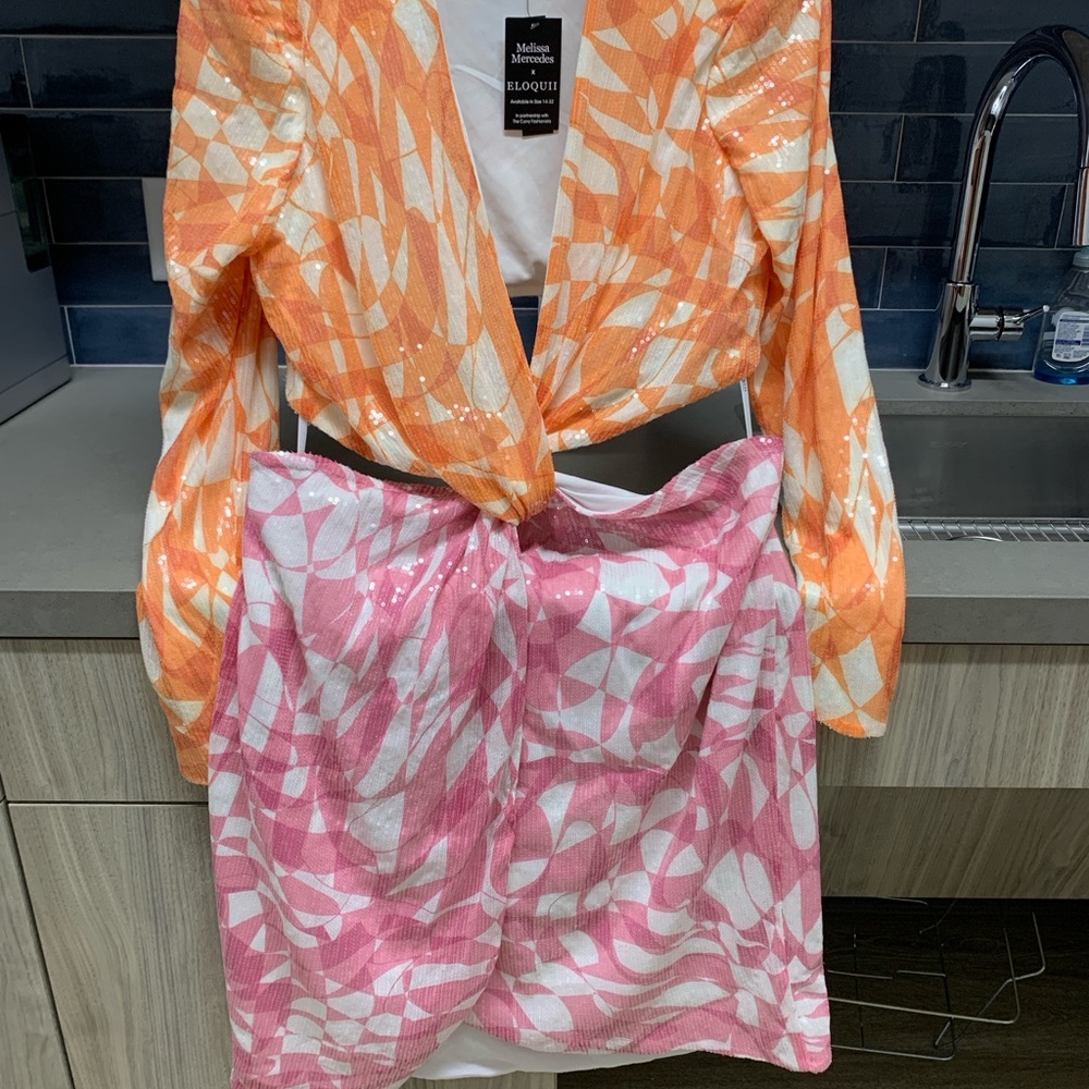 Eloquii Pink and Orange Geometric Skirt